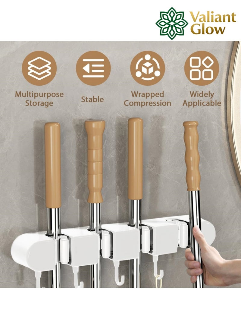 Valiant Glow Wall-mounted mop holder | No-drilling storage rack | Self-adhesive mop and broom organizer | Garden tool storage rack | With 4 slots and 5 hooks | Suitable for home laundry room, bathroom, kitchen, closet, garage, etc. | White - Image 5