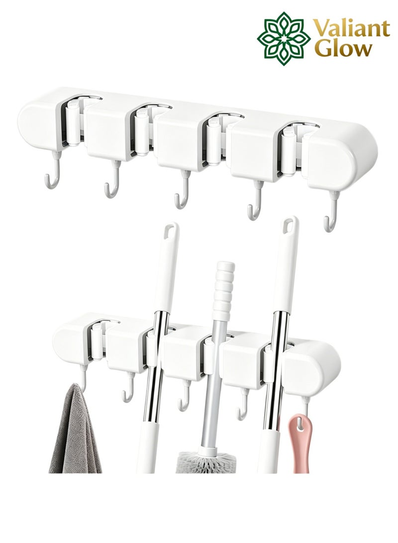 Valiant Glow Wall-mounted mop holder | No-drilling storage rack | Self-adhesive mop and broom organizer | Garden tool storage rack | With 4 slots and 5 hooks | Suitable for home laundry room, bathroom, kitchen, closet, garage, etc. | White - Image 1