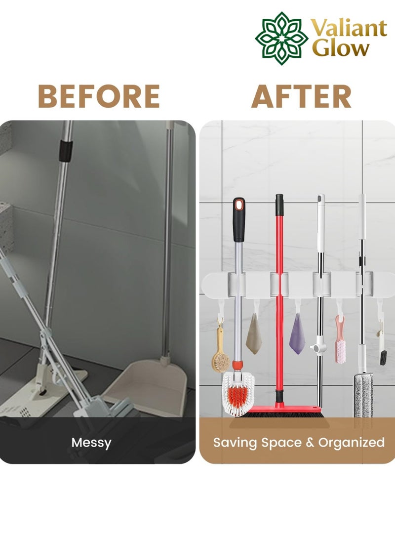 Valiant Glow Wall-mounted mop holder | No-drilling storage rack | Self-adhesive mop and broom organizer | Garden tool storage rack | With 4 slots and 5 hooks | Suitable for home laundry room, bathroom, kitchen, closet, garage, etc. | White - Image 4