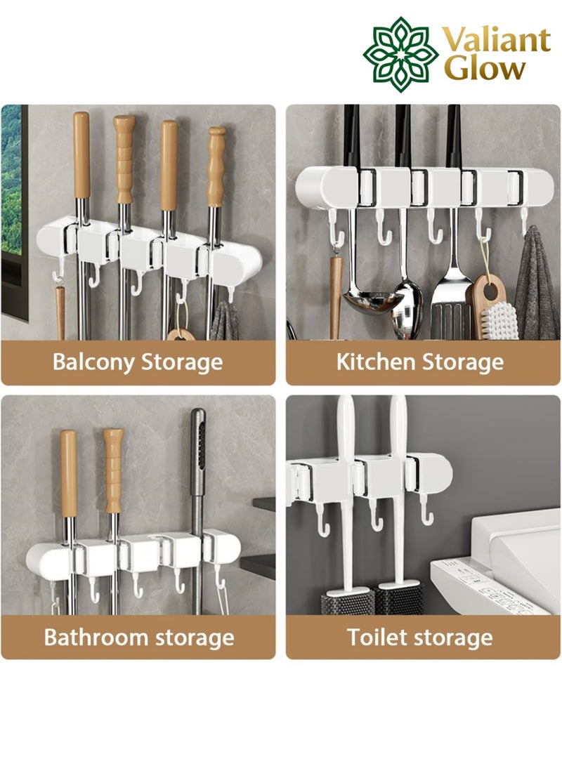 Valiant Glow Wall-mounted mop holder | No-drilling storage rack | Self-adhesive mop and broom organizer | Garden tool storage rack | With 4 slots and 5 hooks | Suitable for home laundry room, bathroom, kitchen, closet, garage, etc. | White - Image 3