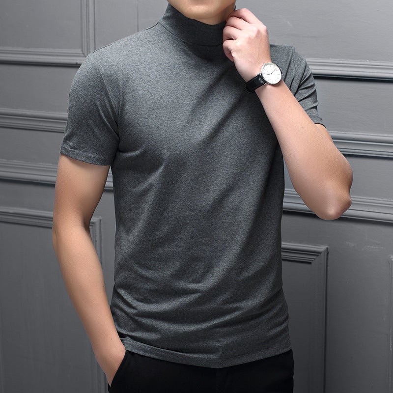 Mens Slim-fit Milk Silk High-Neck T-Shirt for Spring/Summer T32# Blue  - Image 2