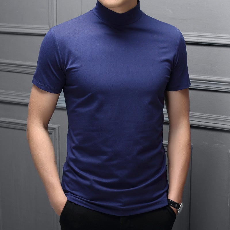 Mens Slim-fit Milk Silk High-Neck T-Shirt for Spring/Summer T32# Blue  - Image 1