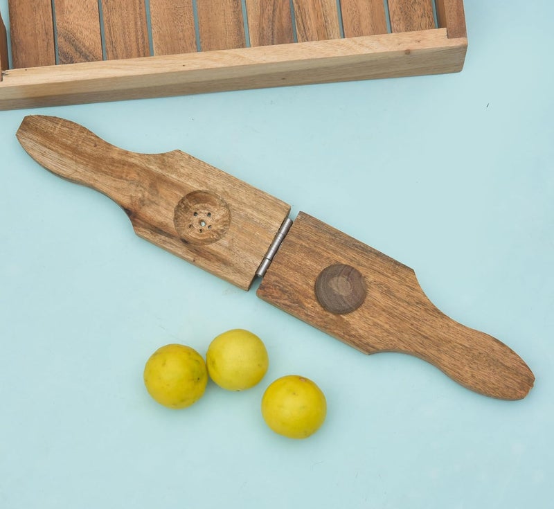 OGGN Handmade Pure Mango Wood Hand Mathani Lemon Press and Roti Press Set of 3 Wooden Kitchen Tools Sets for Cooking - Image 2