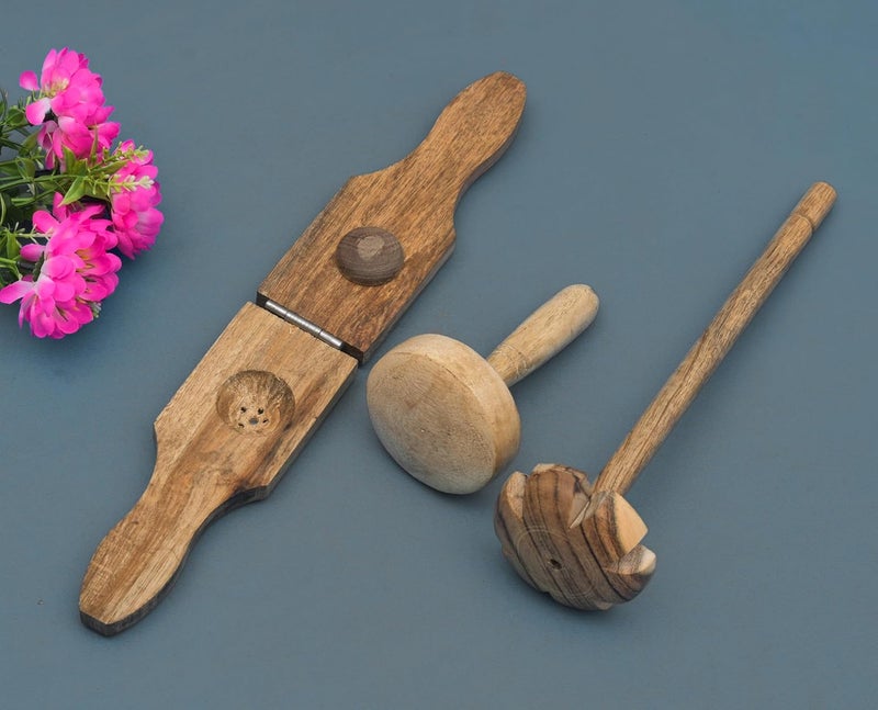 OGGN Handmade Pure Mango Wood Hand Mathani Lemon Press and Roti Press Set of 3 Wooden Kitchen Tools Sets for Cooking - Image 1