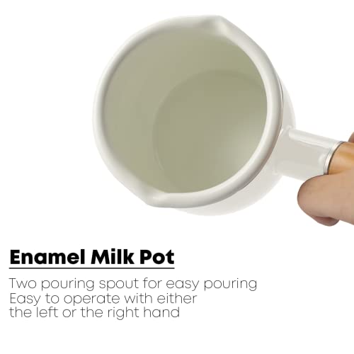 FARCADY 06qt Mini Enamel Milk Pot Insulated Wooden Handle 2 Pour Spouts Small Food Warmer Cute SaucepanD015White - Image 3