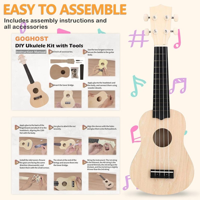 GOGHOST DIY Ukulele Kit with Tools（21 inch) - Build Your Own Ukulele Look, Wooden Small Hawaiian Guitar Gift for Adults - Image 4