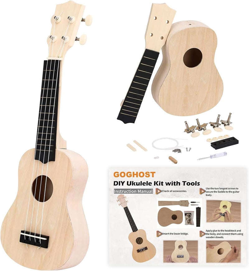 GOGHOST DIY Ukulele Kit with Tools（21 inch) - Build Your Own Ukulele Look, Wooden Small Hawaiian Guitar Gift for Adults - Image 1