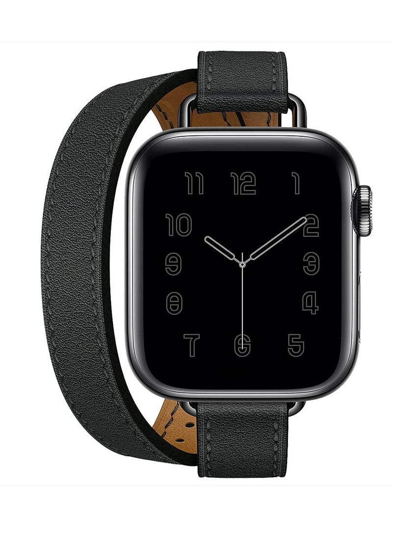 Excefore Leather Women Double Tour Slim Wristband, Compatible with Apple Watch Band 38/40/41mm 42/44/45mm for iWatch SE Series 7/6/5/4/3, Black - Image 1