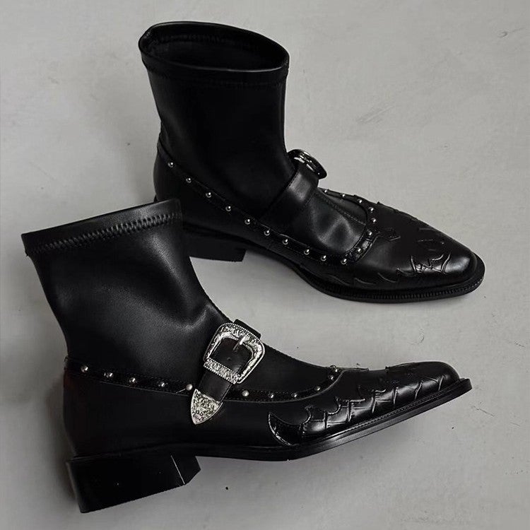 Women's Pointed Toe Chunky Heel Ankle Boots - Image 1