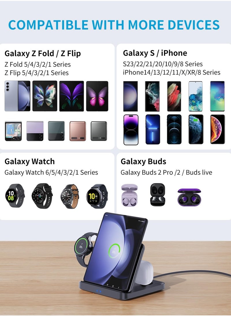 SYOSI - Wireless Charger Foldable 3 in 1 Wireless Charger Station for Samsung Z Fold 5 3 in 1 Fast Charging Stand Dock for Galaxy Z Fold4 3 Flip 5 4 Charger for Watch 6 6 Classic Buds 2 Pro Live - Image 1