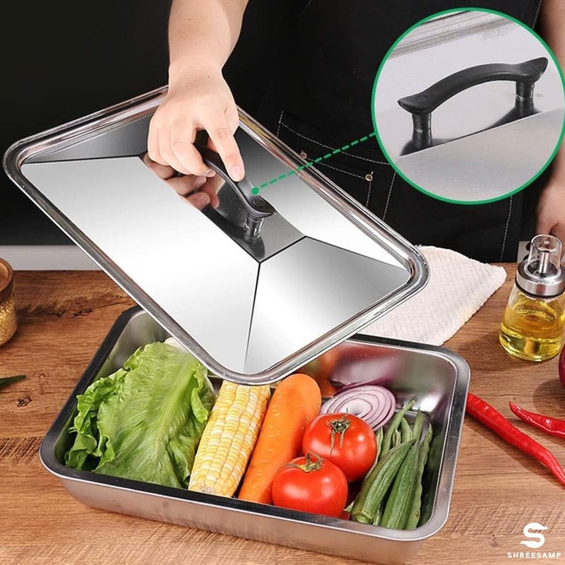 SHREESAMP SHREESAMP Stainless Steel With Lid Square Plate Oven Baking Pan Tray Dishes Multiple Specifications Buffet Baking Accessories Grill Plate Food Tray Stainless Steel Cold Buffet Tray Display [37x27x8CM]  - Image 4