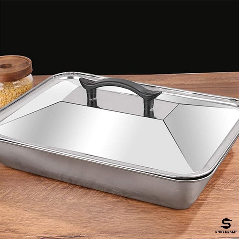 SHREESAMP SHREESAMP Stainless Steel With Lid Square Plate Oven Baking Pan Tray Dishes Multiple Specifications Buffet Baking Accessories Grill Plate Food Tray Stainless Steel Cold Buffet Tray Display [37x27x8CM]  - Image 2