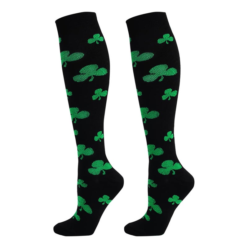 Junely St Patricks Day Compression Socks for Women Knee High Shamrock Stockings for Running Athletic Nurses Pregnant Women Work Support Travel Flight Sports Irish Gifts Green - Image 1