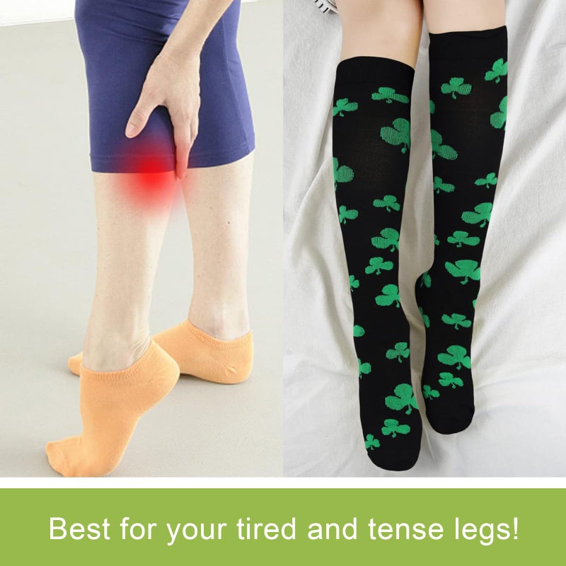 Junely St Patricks Day Compression Socks for Women Knee High Shamrock Stockings for Running Athletic Nurses Pregnant Women Work Support Travel Flight Sports Irish Gifts Green - Image 4