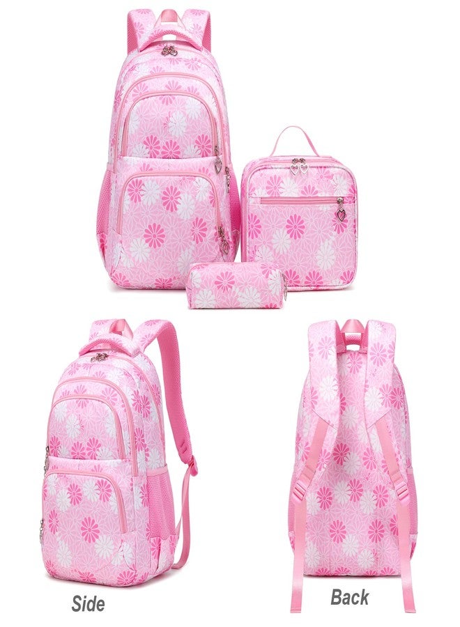 ZHIERNA Daisy Printed Backpack for Girl Kid 3pcs Set Bookbag with Lunch Box Daypack, Elementary School bag for Teen Girls, Pink, 11.41 x 6.29 x 16.92 inches - Image 4