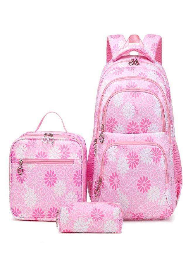 ZHIERNA Daisy Printed Backpack for Girl Kid 3pcs Set Bookbag with Lunch Box Daypack, Elementary School bag for Teen Girls, Pink, 11.41 x 6.29 x 16.92 inches - Image 1
