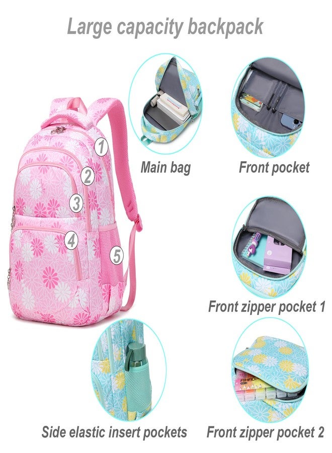 ZHIERNA Daisy Printed Backpack for Girl Kid 3pcs Set Bookbag with Lunch Box Daypack, Elementary School bag for Teen Girls, Pink, 11.41 x 6.29 x 16.92 inches - Image 3