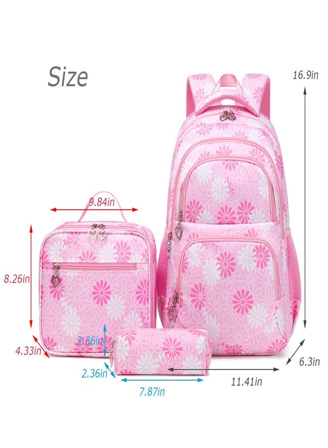ZHIERNA Daisy Printed Backpack for Girl Kid 3pcs Set Bookbag with Lunch Box Daypack, Elementary School bag for Teen Girls, Pink, 11.41 x 6.29 x 16.92 inches - Image 2