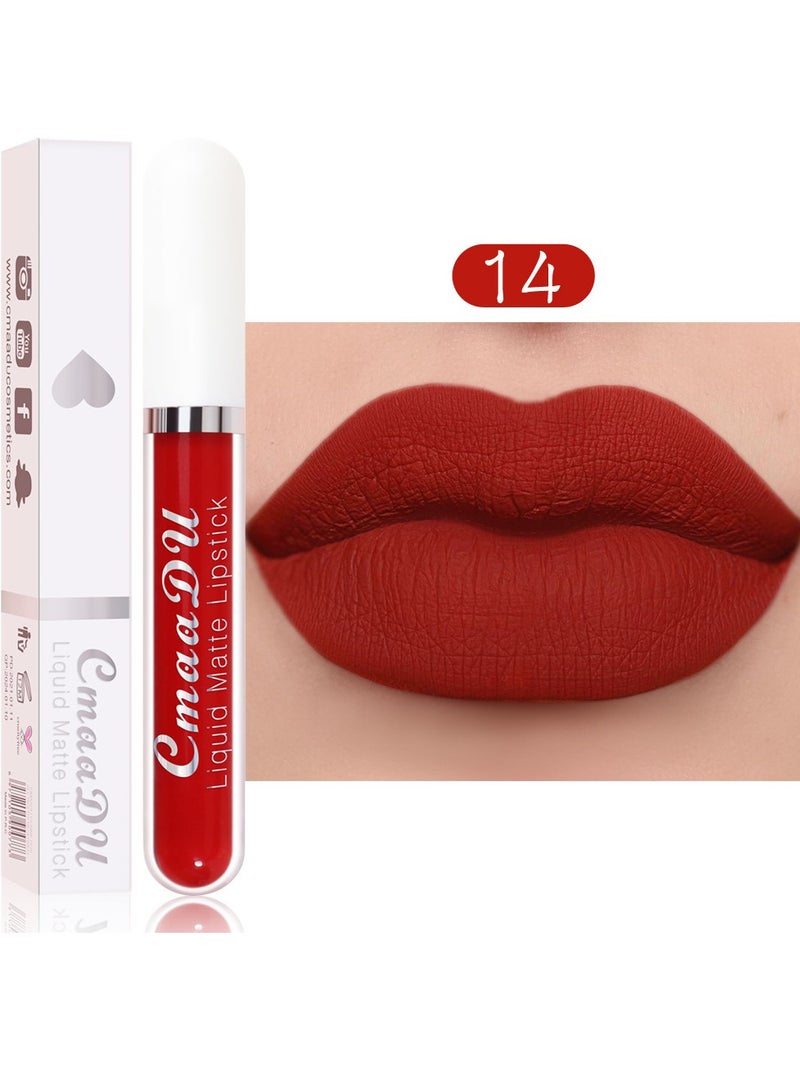 CmaaDu 1 قطعة أحمر شفاه سائل، أحمر شفاه لامع مقاوم للماء، لون غير متلاشي يدوم طويلاً غير لامع، تركيبة طبيعية مرطبة لأقلام تحديد الشفاه لمناسبات متعددة، (لون أحمر شفاه غير لامع_14) - Image 1