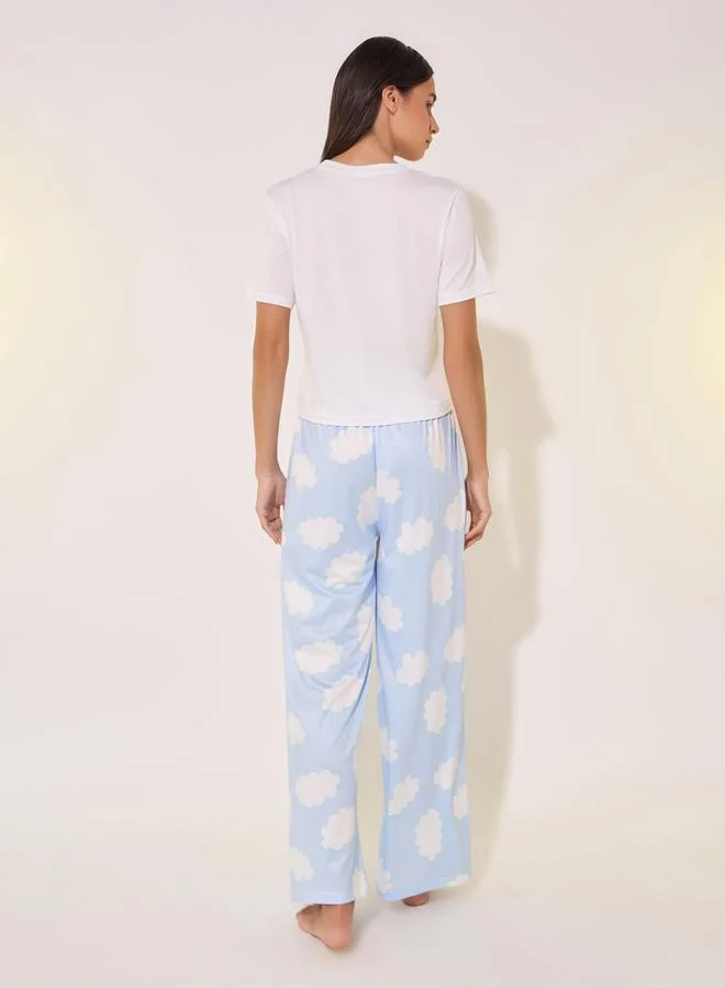 Take Two Solid Round Neck T-Shirt and Printed Pyjama Set by Styli