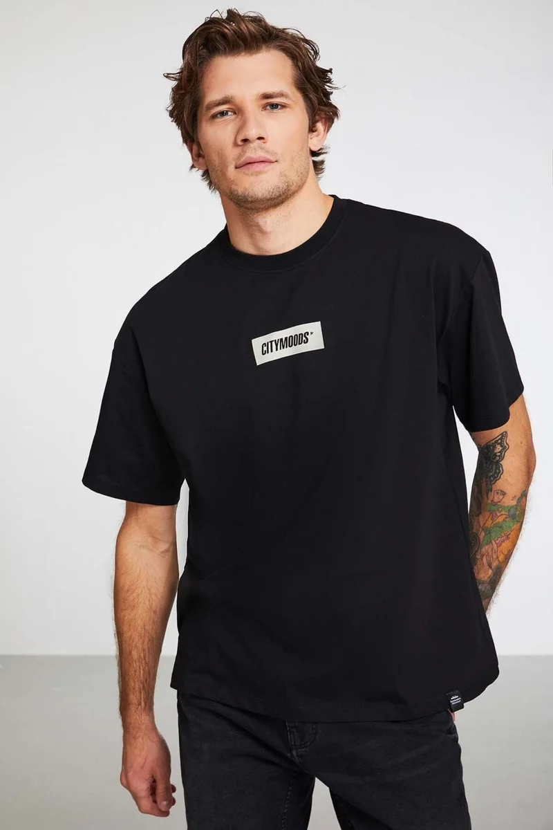 GRIMELANGE Invention Men's 100% Organic Cotton Thick Textured Printed Detailed Oversize Black T-shirt