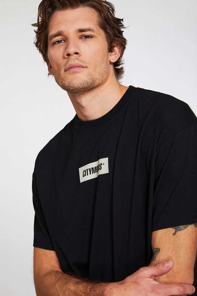 GRIMELANGE Invention Men's 100% Organic Cotton Thick Textured Printed Detailed Oversize Black T-shirt