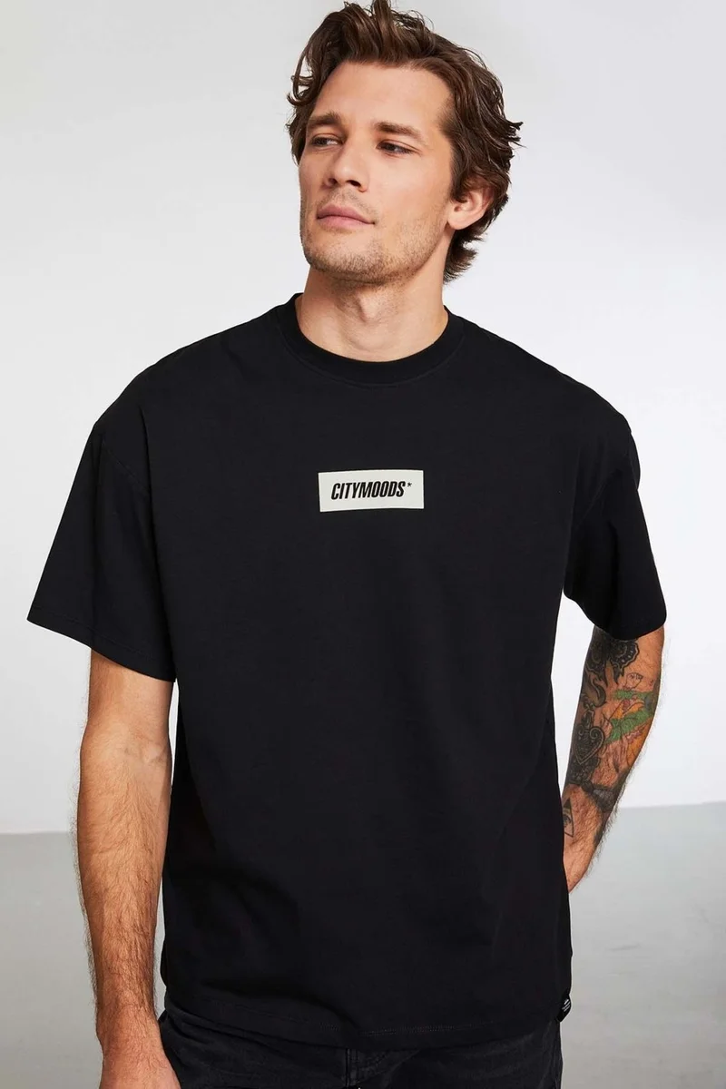 GRIMELANGE Invention Men's 100% Organic Cotton Thick Textured Printed Detailed Oversize Black T-shirt