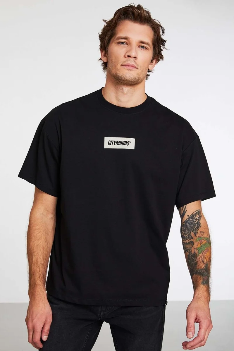 GRIMELANGE Invention Men's 100% Organic Cotton Thick Textured Printed Detailed Oversize Black T-shirt