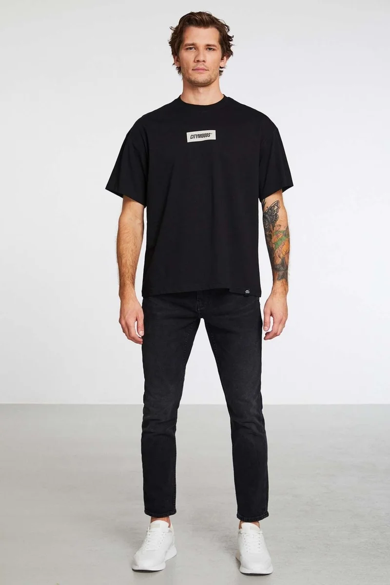GRIMELANGE Invention Men's 100% Organic Cotton Thick Textured Printed Detailed Oversize Black T-shirt