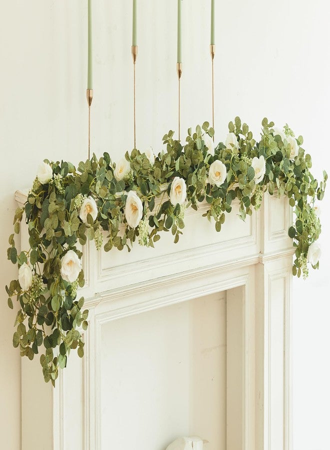 Partyjoy PARTY JOY 6.56ft Eucalyptus Garland with Flowers-8 White Roses, Artificial Fake Flowers Greenery Garland Floral Vines for Decoration Party Wedding Table Indoor Outdoor Backdrop Wall Decor(White) - Image 4