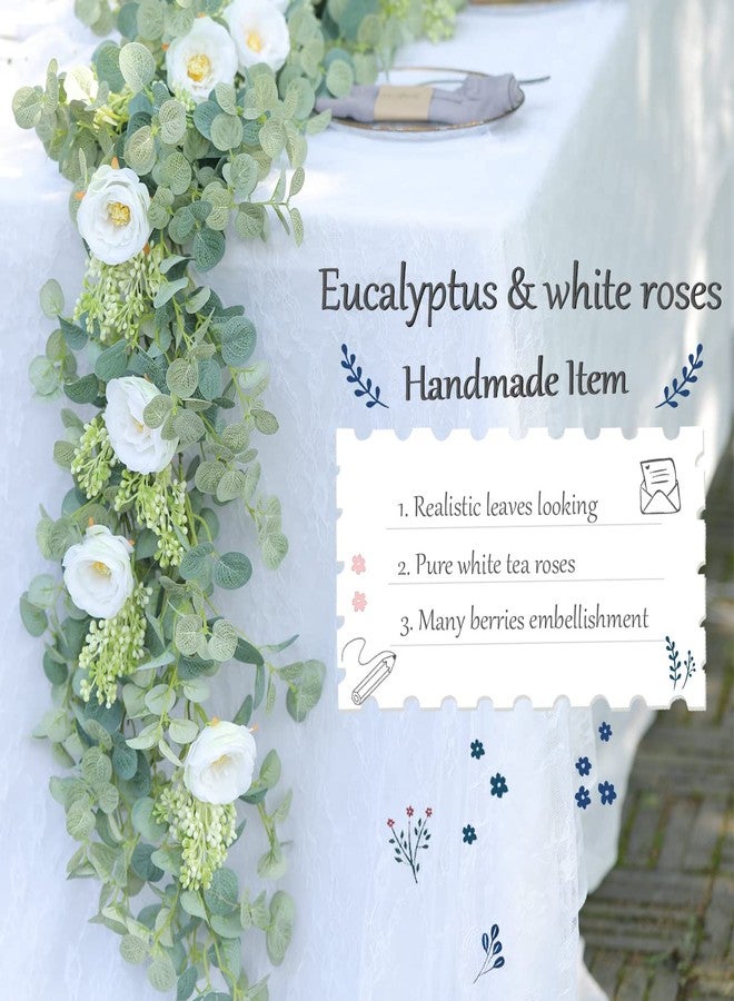 Partyjoy PARTY JOY 6.56ft Eucalyptus Garland with Flowers-8 White Roses, Artificial Fake Flowers Greenery Garland Floral Vines for Decoration Party Wedding Table Indoor Outdoor Backdrop Wall Decor(White) - Image 3