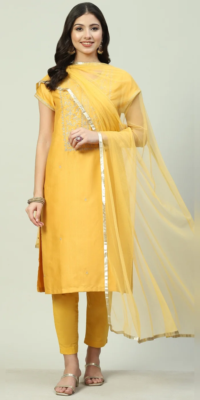 Women Mustard Art Silk Straight Kurta Slim Pants Suit Set