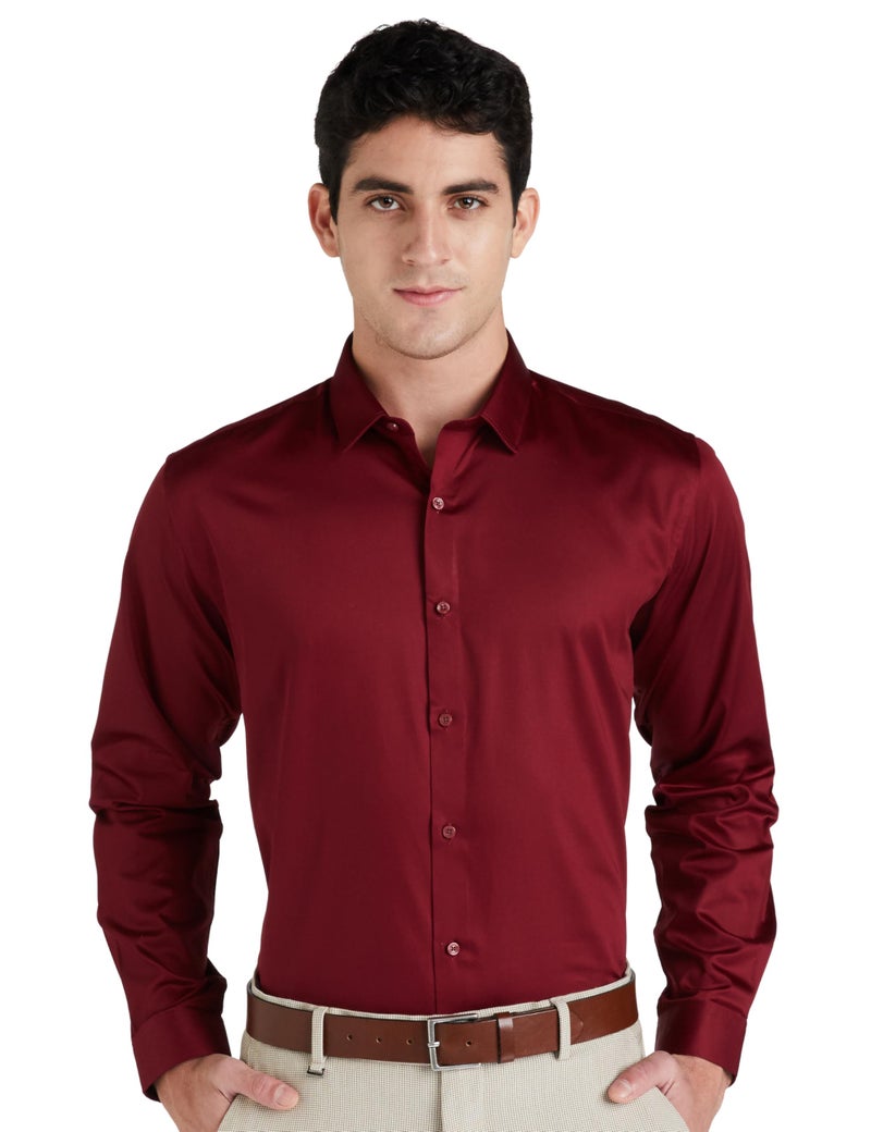 Van Heusen Men's Cotton V Dot Slim Fit Shirt (VDSFESLFF50884_Maroon 42) - Image 1