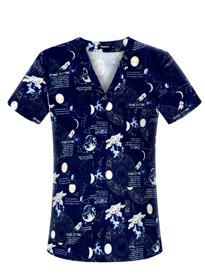 Loquat Cartoon Printed V-Neck Medical Uniform Scrubs Top Comfty Soft Workwear