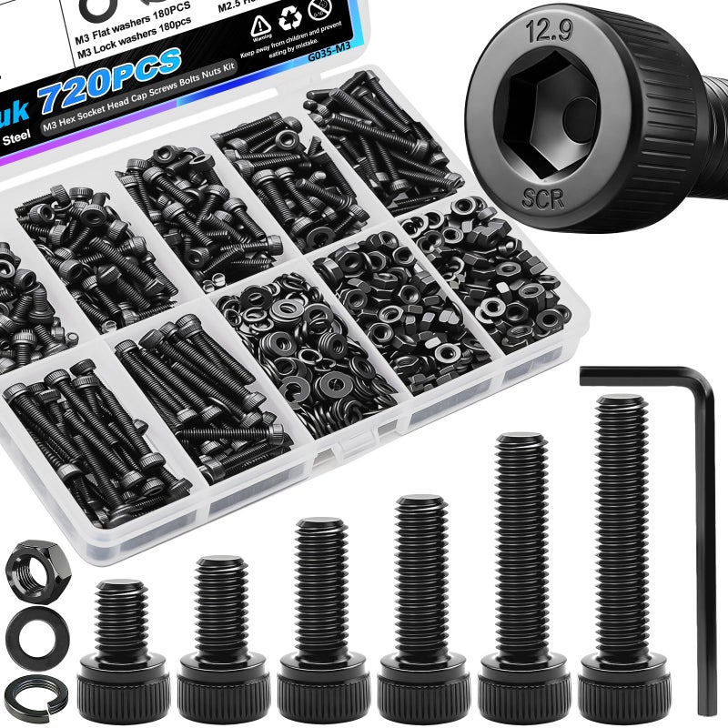 mxuteuk 720PCS M3 Screws Assortment Kit,M3Ã—6/8/10/12/16/20mm Black Zinc Hex Socket Head Bolts Nuts Washers Set,12.9 Grade Alloy Steel M3 Screws Suitable for 3D Printer,DIY - Image 1