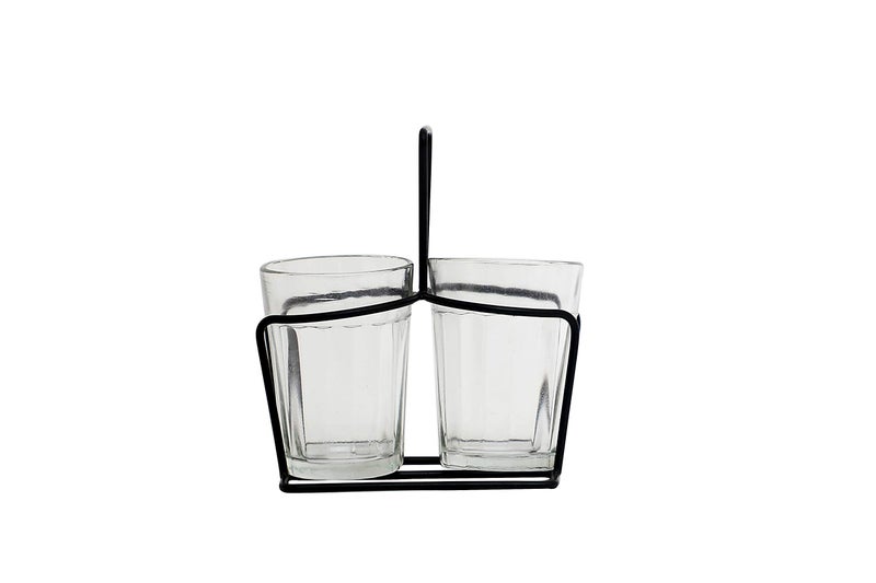 A Krazy Mug Transparent Cutting Chai Tea Glasses with Iron Container Stand Holder (Set of 2, 90ml) - Image 1