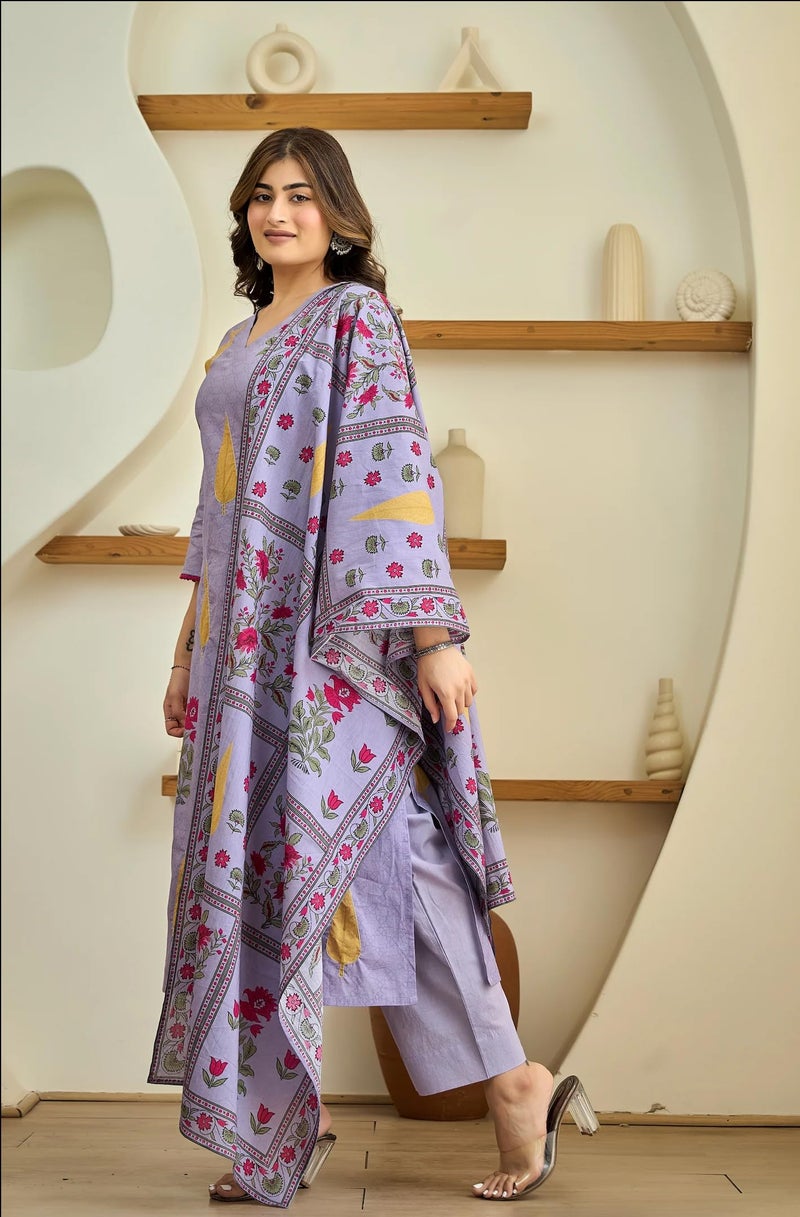 GoSriKi Women's Rayon Viscose Printed Straight Kurta with Pant & Dupatta (DHARITI Lavender-GS_5XL_Lavender_XXXXX-Large) - Image 3