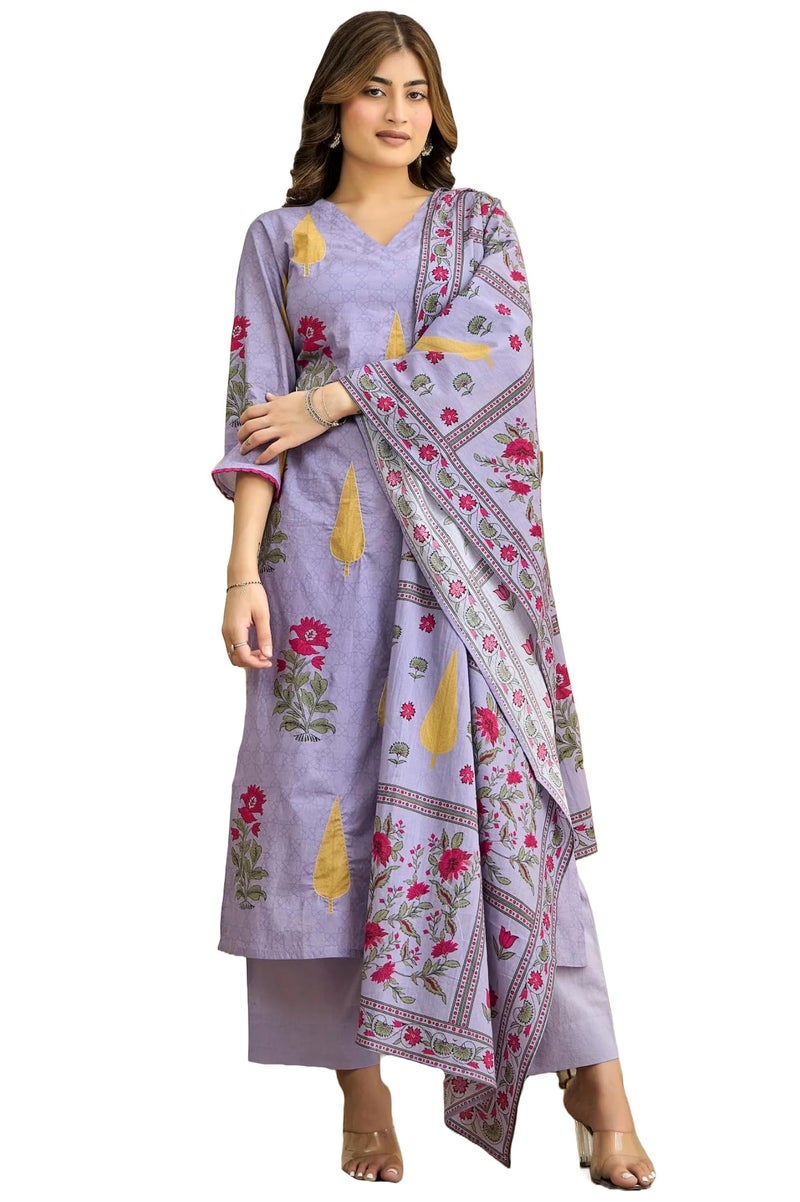 GoSriKi Women's Rayon Viscose Printed Straight Kurta with Pant & Dupatta (DHARITI Lavender-GS_5XL_Lavender_XXXXX-Large) - Image 1