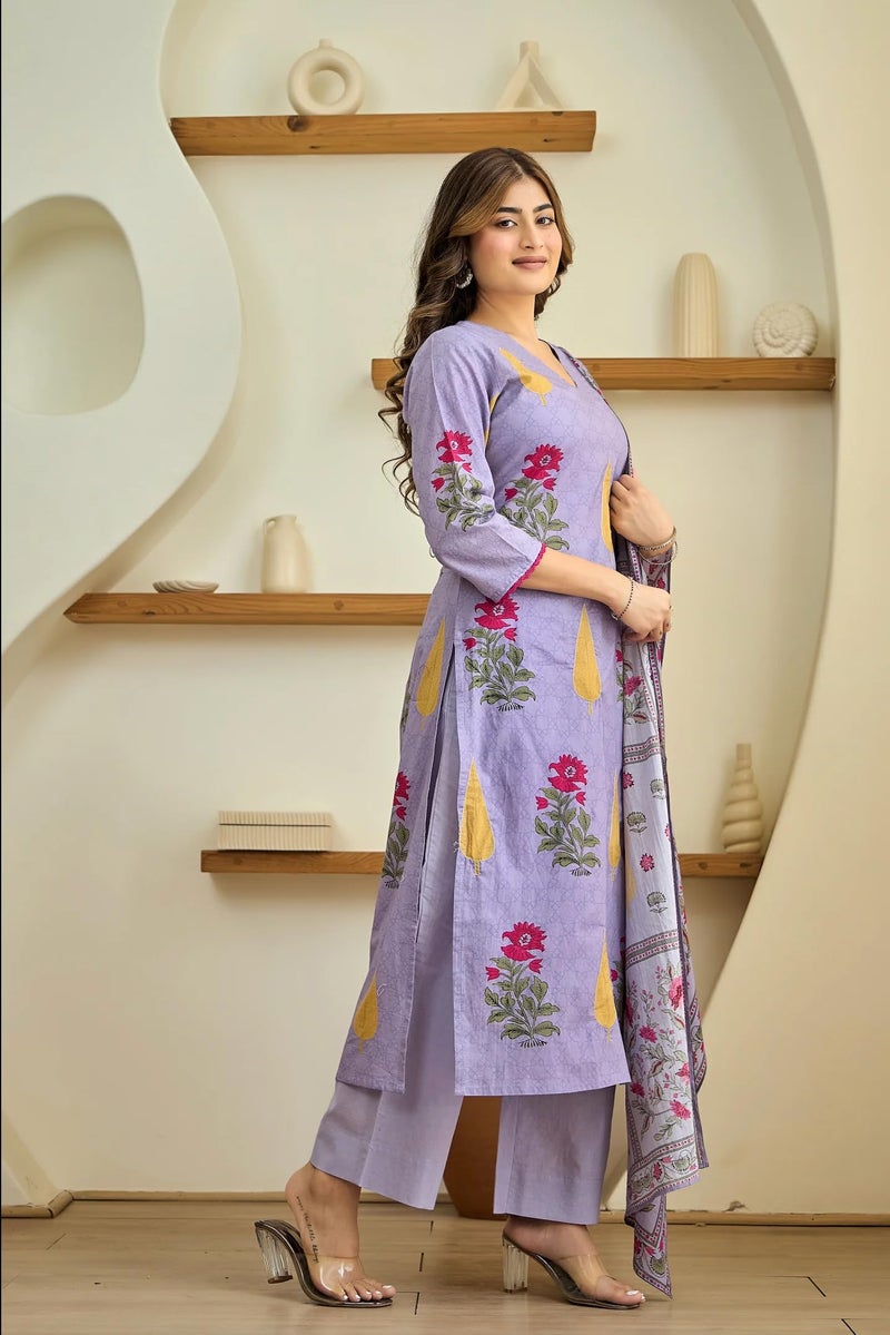 GoSriKi Women's Rayon Viscose Printed Straight Kurta with Pant & Dupatta (DHARITI Lavender-GS_5XL_Lavender_XXXXX-Large) - Image 4