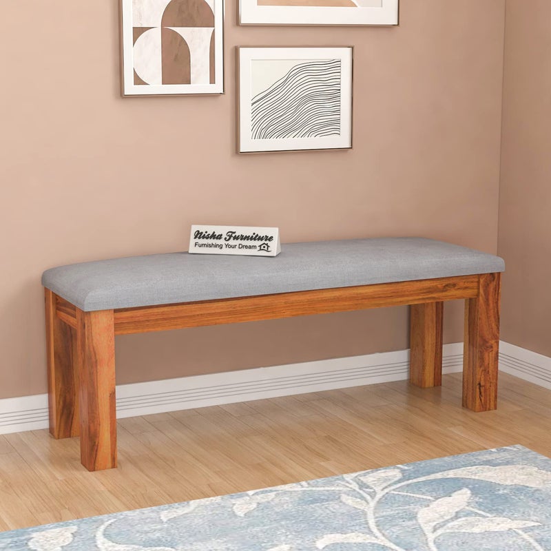 NISHA FURNITURE NISHA FURNITURE Solid Sheesham Wood Bench with Grey Upholstery for Living Room Home Balcony and Outdoor Bench for Sitting Dining Bench in Honey Finish  - Image 1