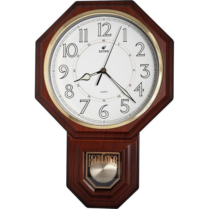JUSTIME JUSTIME Traditional Schoolhouse Pendulum Luminous Wall Clock Chimes Hourly with Westminster Melody Made in Taiwan 4AA Batteries Included PP0258L Dark Wood Grain 
