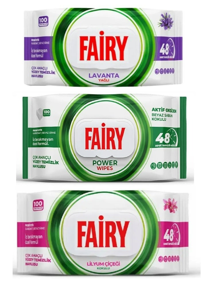 Fairy Multi-Purpose Surface Cleaning Wipes – Assorted Pack of 3 (Lavender, Power, Lily Scent), 100 Wipes Each, 48-Hour Freshness