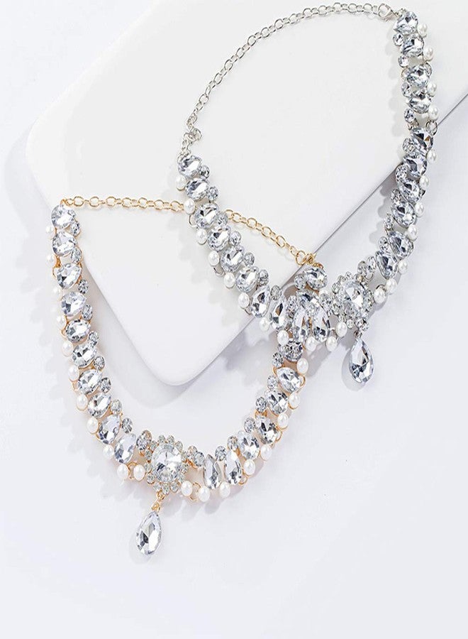 Chmier Bohemia Rhinestone Choker Chunky Crystal Necklace Pearl Choker Wedding Statement Jewelry Bridal Necklace Luxury Jewelry for Women(Gold) - Image 4