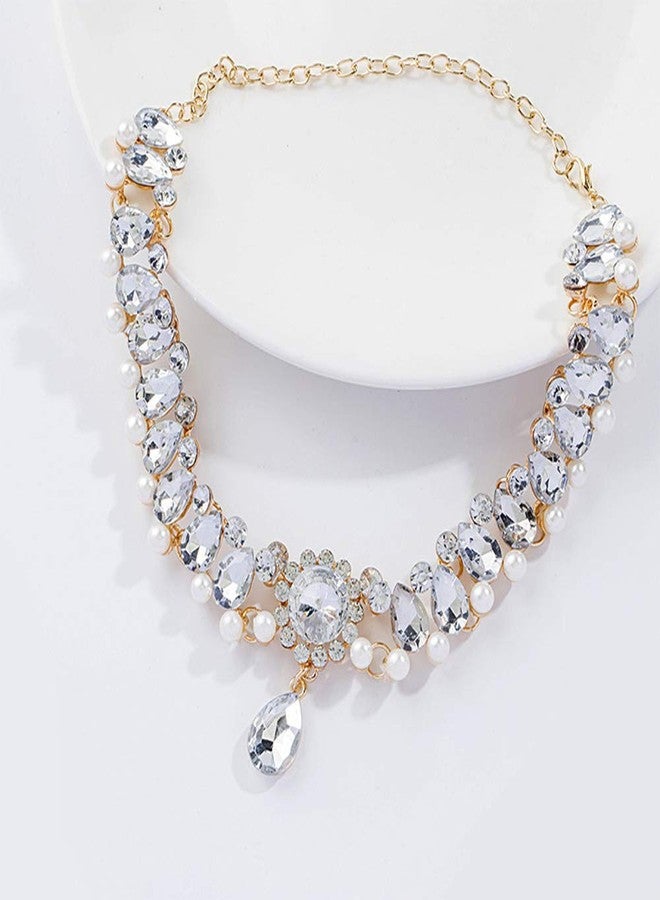 Chmier Bohemia Rhinestone Choker Chunky Crystal Necklace Pearl Choker Wedding Statement Jewelry Bridal Necklace Luxury Jewelry for Women(Gold) - Image 2