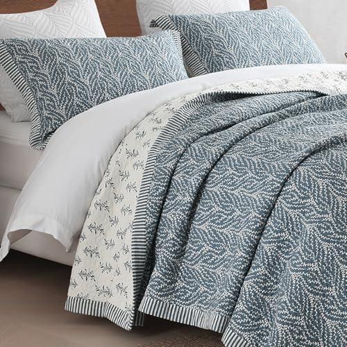 SahSahCasa Quilt Set King Size 100 Cotton Quilt Bedding Set Bedspread Botanical Pattern Solid Color Chic Lightweight Quilted Comforter for King Bed WhiteGrayishBlue All Season 3 Pieces - Image 1