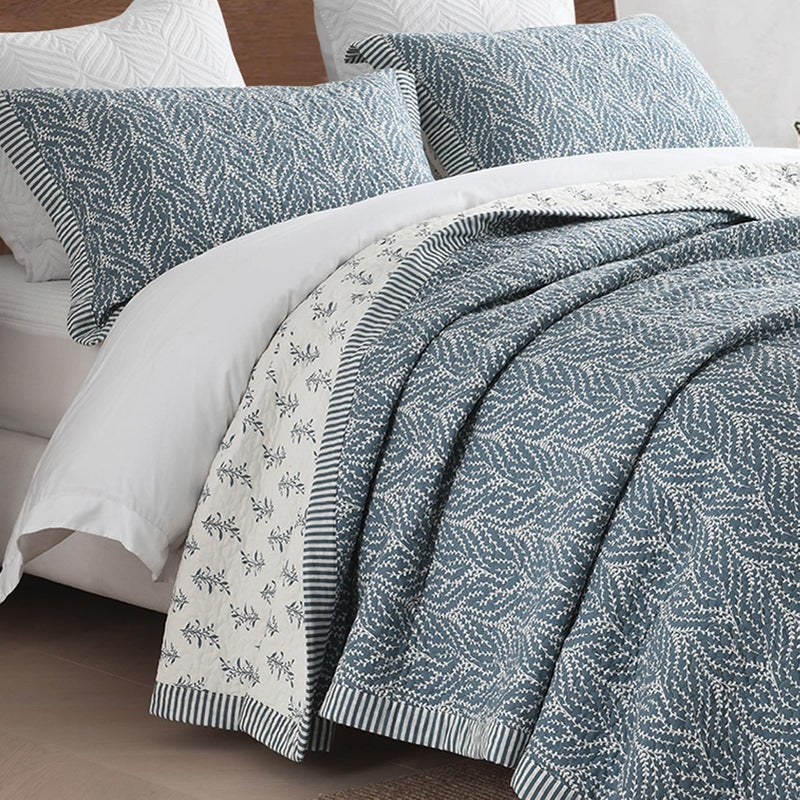 SahSahCasa Quilt Set King Size 100 Cotton Quilt Bedding Set Bedspread Botanical Pattern Solid Color Chic Lightweight Quilted Comforter for King Bed WhiteGrayishBlue All Season 3 Pieces - Image 2