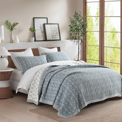 SahSahCasa Quilt Set King Size 100 Cotton Quilt Bedding Set Bedspread Botanical Pattern Solid Color Chic Lightweight Quilted Comforter for King Bed WhiteGrayishBlue All Season 3 Pieces - Image 3
