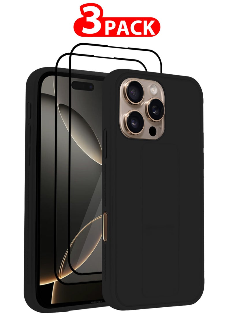 CATANES - (for Apple iPhone 16 Pro) 3Packs, Case  PU Leather Back Cover Stand Function Finger Grip Case Cover with Shock Proof Screen Protector / Black - Image 1