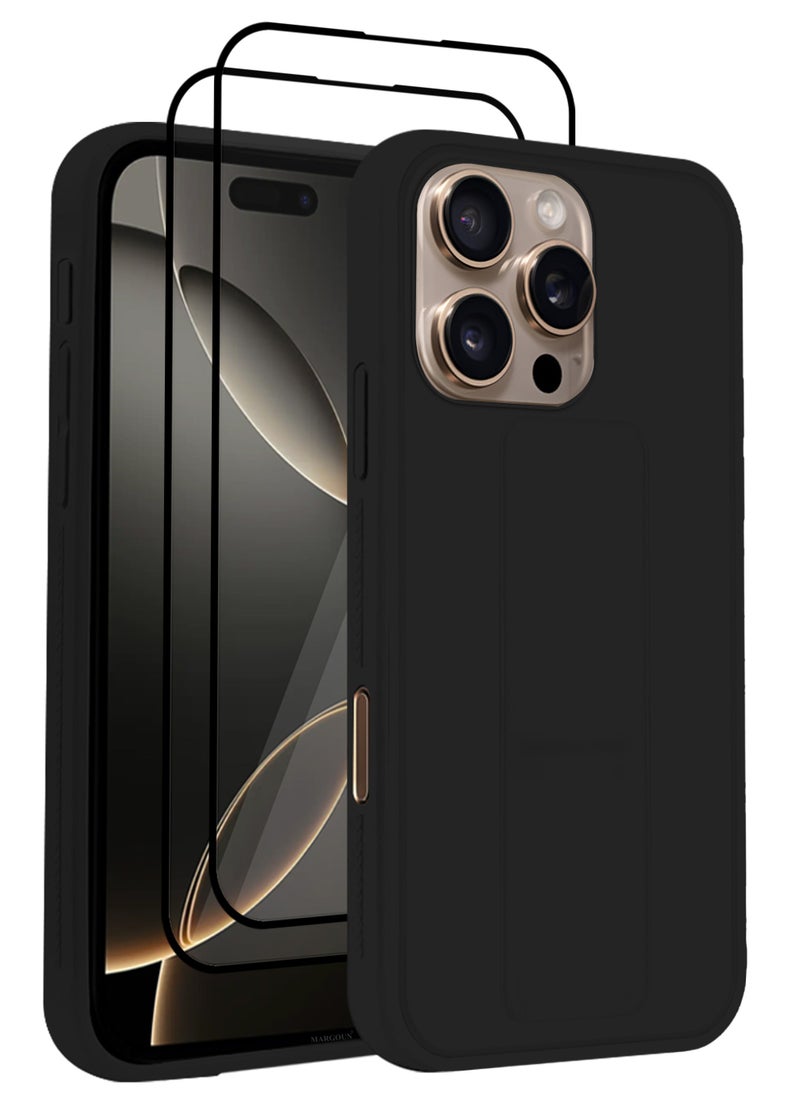 CATANES - (for Apple iPhone 16 Pro) 3Packs, Case  PU Leather Back Cover Stand Function Finger Grip Case Cover with Shock Proof Screen Protector / Black - Image 1