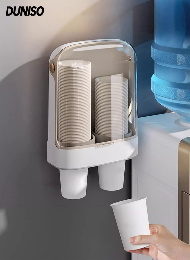DUNISO حامل أكواب ورقية قابل للتخلص مثبت على الحائط، تصميم أنبوب مزدوج يمكنه حمل 80 كوب ورقي، رف منظم للأكواب للمنزل والمكتب 19.3*10.3*24.5 سم (أبيض) - Image 1